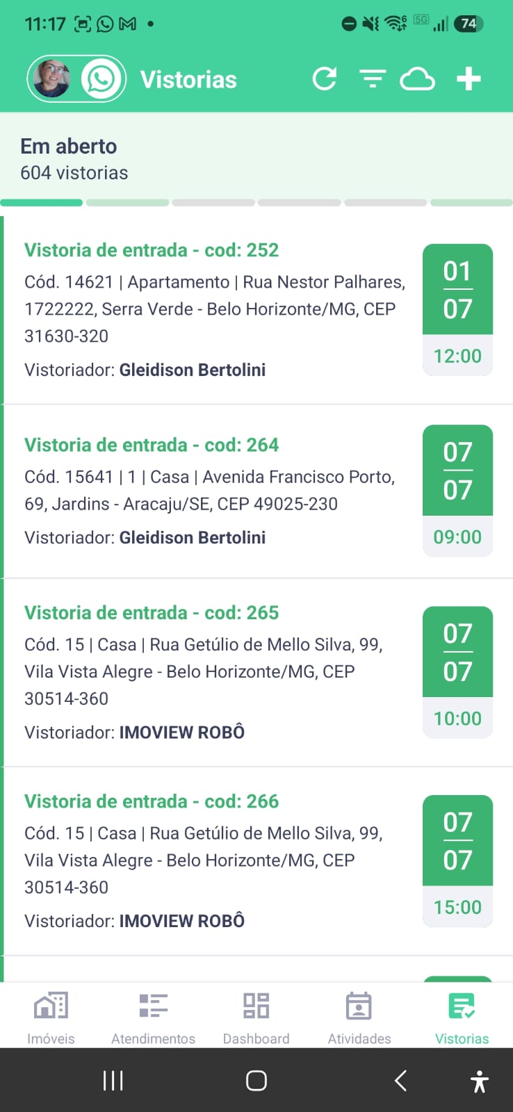 Lista de vistorias no app